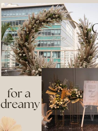 A collage showcasing a dreamy, boho-inspired wedding arch and welcome sign. The use of pampas grass and neutral-toned flowers against an urban backdrop creates a stunning contrast.
