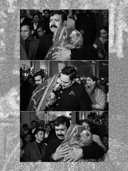 Some of the most powerful moments are the unscripted ones. This collage captures the emotional farewells during the Vidaai ceremony, preserving the depth of love and connection between a bride and her family in timeless black and white.