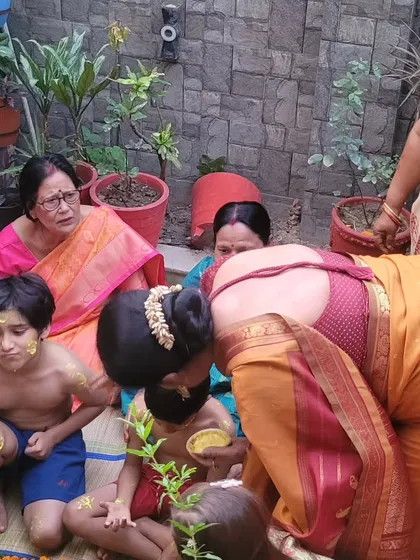 Being part of my students' family milestones is a true pleasure. Here, I am participating in the upanayanam, or thread ceremony, of my shishya Megha's two sons.