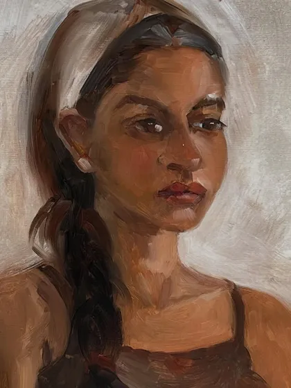 A close-up of my oil portrait of Simran. This was a tough one, as painting a profile accurately requires careful attention to light and shadow. It was a great challenge and a learning experience.