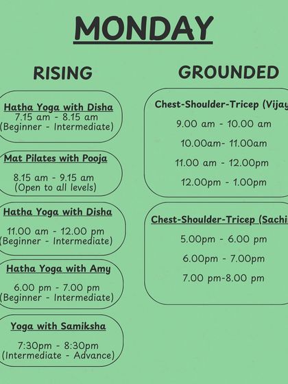 A sample of our weekly schedule for Monday, showing the variety of Hatha Yoga, Mat Pilates, and Chest-Shoulder-Tricep classes available.