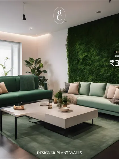 The 'Fern Wall' provides a soft, natural backdrop that enhances the sense of calm and comfort in this contemporary living room setup.