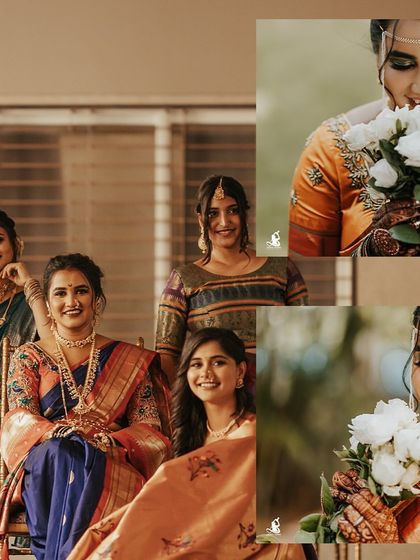 A beautiful collage showing the bride with her bridesmaids, and a close-up of her holding a bouquet of white roses.
