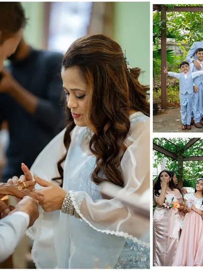 A collage capturing the emotional ring exchange during a 25th-anniversary vow renewal and happy moments with family.