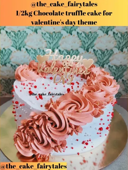 A different angle of the heart-shaped Valentine's cake, showing the piped rosettes.