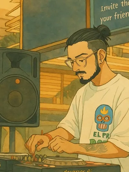 This artwork shows me spinning at an outdoor or daytime event, highlighting my versatility for different party settings.