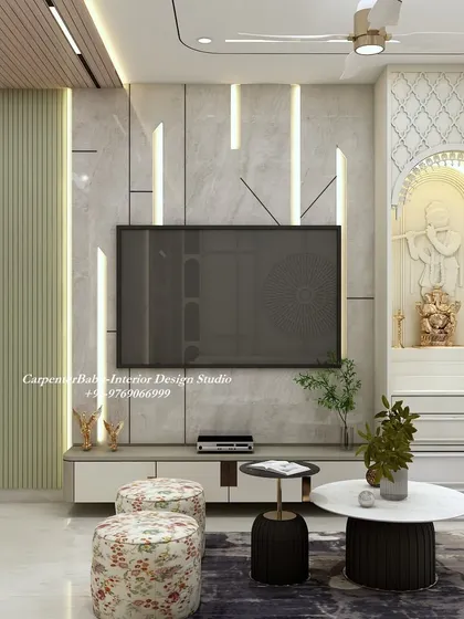 A living room TV unit that incorporates a puja niche. The design uses a mix of marble, wood paneling, and profile lighting to create a multi-functional and spiritually uplifting space.