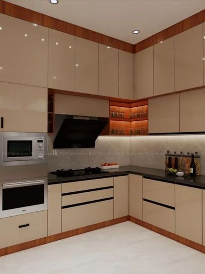 A 3D render of a kitchen with beige high-gloss cabinets, built-in oven and microwave, and a sleek black countertop.