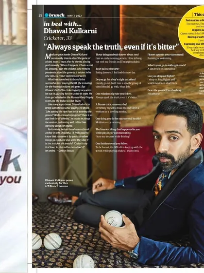 A published feature with cricketer Dhawal Kulkarni for HT Brunch magazine. The styling presents a relaxed yet sophisticated look, using a rich blue velvet blazer to add a touch of luxury to this celebrity editorial.