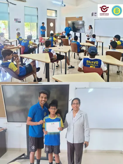 A player receives a certificate in the classroom, juxtaposed with a shot of an academic session in progress. This image reinforces the importance we place on academic achievement alongside athletic progress.