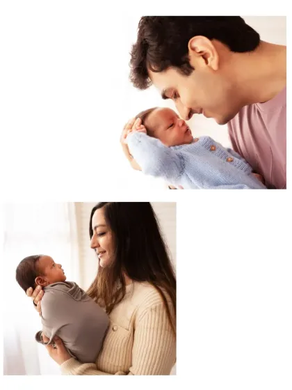 A beautiful diptych showing a father and mother each having a special moment with their newborn. These individual portraits are a wonderful addition to a family gallery.