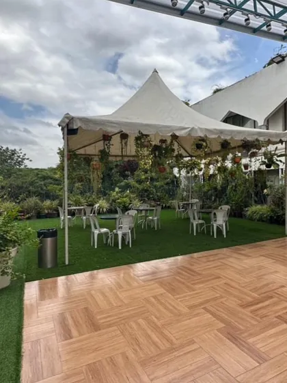 The Terrace Garden as a blank canvas, with its wooden flooring and tent structure ready to be decorated for your event.