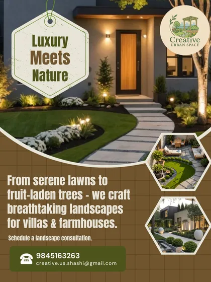Here, luxury truly meets nature. For this farmhouse entrance, I designed a welcoming landscape featuring a gracefully curved stone pathway, soft ground lighting, and a mix of evergreen shrubs and trees to create an impression of established elegance.