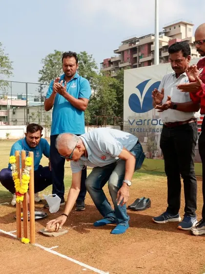 The ceremonial puja to inaugurate the Varroc Cup U-12 tournament, graced by Chief Guest Mr. Vinayak Dravid.