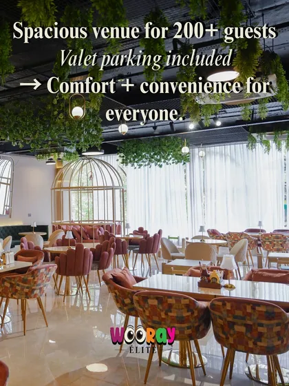 Welcome to our luxurious dining lounge, designed for your comfort. With ample space for over 200 guests and convenient valet parking, we've handled all the details so you can focus on celebrating. This is the five-star ambiance you deserve, without the hassle of a hotel banquet.