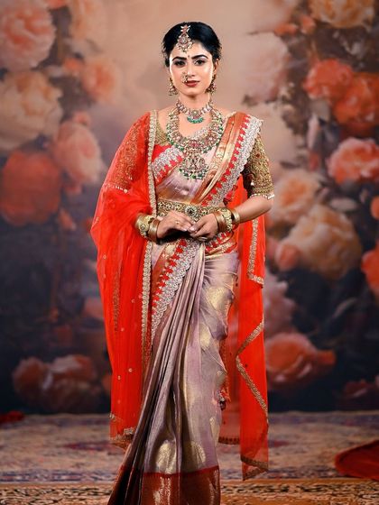 A full-length view of a bridal ensemble against our painted floral backdrop. This angle is perfect for fashion designers or rental houses wanting to showcase the entire outfit.