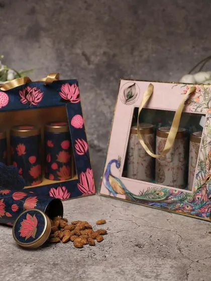 A side-by-side view of two different gift bag designs. I teach my students how to develop a collection with a variety of styles.