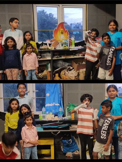 A collage showing our Vyoma Kids creating art installations using object theatre. This exercise in visual storytelling challenges them to think outside the box and work as a team.