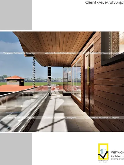 A render of the villa's upper-floor balcony. The design features wood-paneled ceilings and a glass railing to ensure unobstructed views, blending modern materials with natural textures.