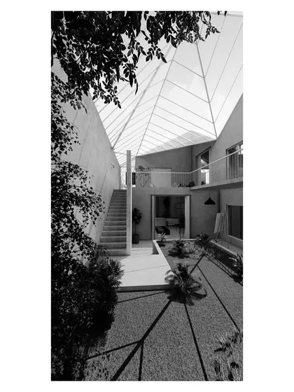 The sunken garden court is designed as a private, tranquil retreat, with a staircase leading up to the main living level. The glazed roof above would have created an all-weather indoor-outdoor space.