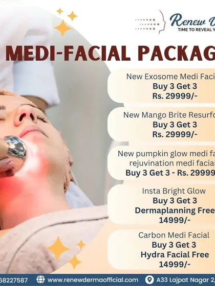Explore our medi-facial packages. We offer great deals on treatments like the Exosome Medi Facial, Insta Bright Glow with Dermaplaning, and Carbon Medi Facial with a free Hydra Facial.
