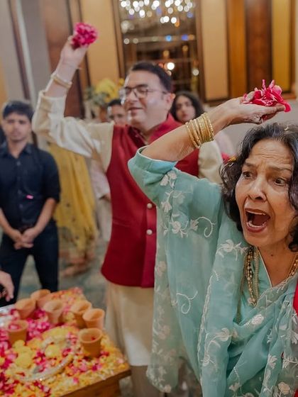 The sheer excitement of a family member during the Haldi ceremony is a story in itself.