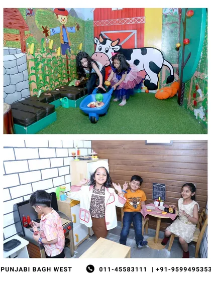 Our pretend play areas, like the farm and kitchen, are always buzzing with activity during birthday parties.