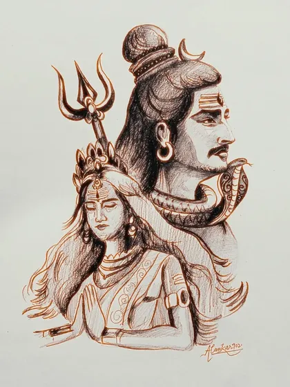 A sepia-toned version of my Shiv and Parvati sketch. The warm color gives it a vintage, timeless feel.