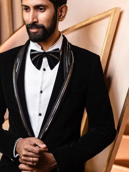 A sharp, stylish portrait of a groom in a black velvet tuxedo, showcasing his reception attire. We ensure the groom's style and personality are captured with the same attention to detail as the bride's.