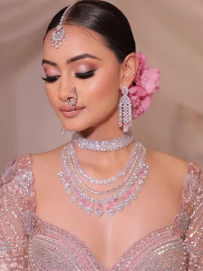 A close-up of a monochromatic pink bridal look. The soft pink eyeshadow and matching lip create a dreamy, romantic vibe.