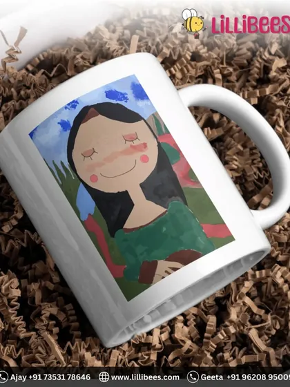 Imagine starting your morning with a coffee mug that features your little one's artwork. This personalized mug, showcasing a beautiful child's portrait, makes for a truly unique keepsake or a heartfelt gift for family.