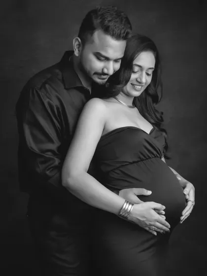 A gentle and loving black and white portrait. The soft smiles and the way you hold each other make this a deeply sentimental and beautiful image.