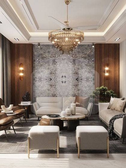 This luxury living room interior balances modern design with classic comfort. A statement chandelier hangs from a coffered ceiling, while a textured accent wall and elegant furniture create a sophisticated space that is perfect for both formal entertaining and daily relaxation.