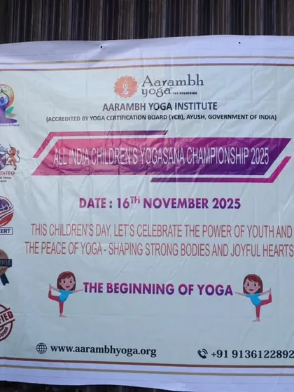 The official banner for the All India Children's Yogasana Championship 2025, hosted by our institute. We are accredited by the Yoga Certification Board (YCB), AYUSH, ensuring our events meet the highest standards.