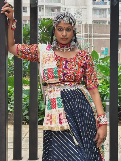 A powerful pose in a powerful outfit. This chaniya choli is perfect for someone who wants to make a bold statement on the dance floor.
