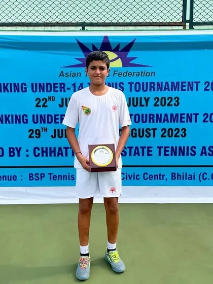 Om Verma with his runner-up plaque from the Under-14 Doubles Asian Ranking Tournament in Bhilai. Every tournament is a learning experience that fuels future wins.