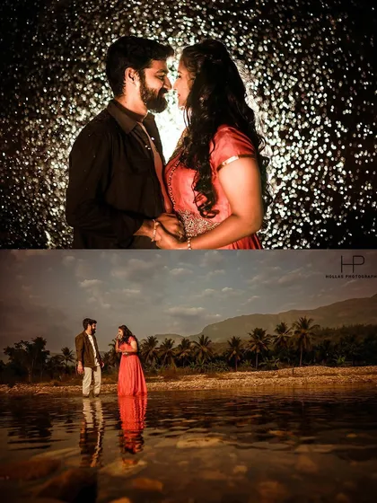 Two distinct styles from Pratul and Satya's pre-wedding shoot. The top image uses creative lighting for a dramatic, close-up portrait, while the bottom shot is a wide-angle environmental portrait by a river.