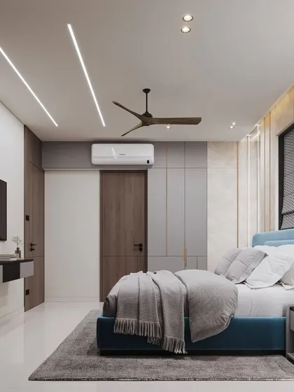 This 3D render showcases a modern bedroom with a blue upholstered bed and a sleek, wall-mounted TV unit. The design incorporates different textures, including wood panels and a patterned blind, for a layered look.