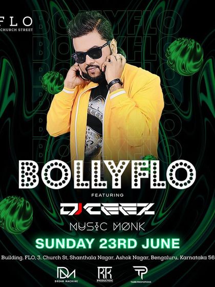 The official poster for "Bollyflo," a weekly UK-Punjabi and Bollywood night at a luxurious venue.