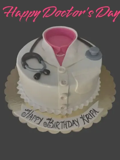 A cake designed to look like a doctor's coat with a stethoscope. It's a wonderful way to celebrate a birthday or Doctor's Day for the medical professional in your life.