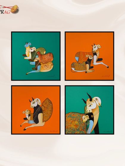 A set of four smaller paintings by Ashok Nellagi, each depicting his signature bulls against vibrant, contrasting backgrounds.