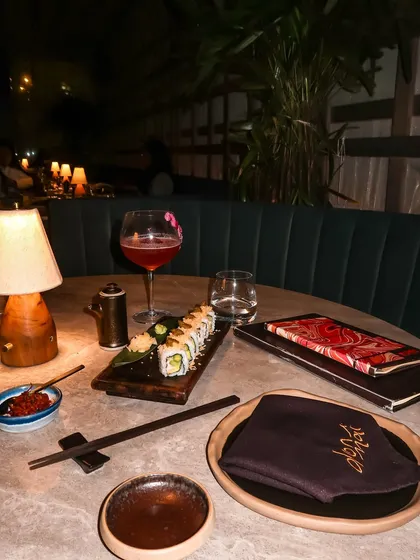 The beautiful, moody ambiance of Donmai, highlighting the restaurant's decor and atmosphere.
