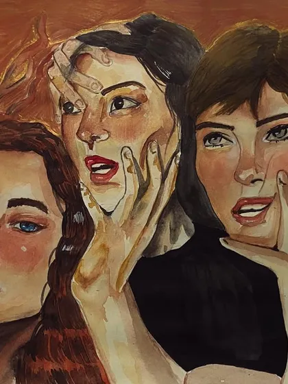 The full view of the 'trio' sketch with watercolor applied, showing the complete composition of the three figures.