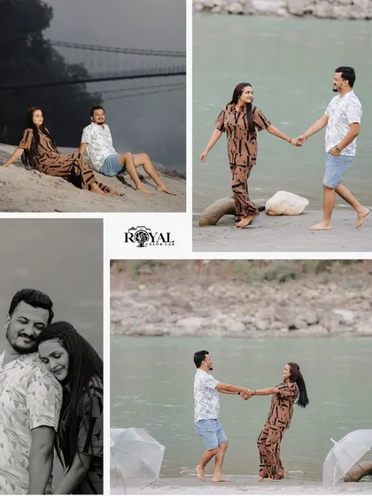 A collage of a couple in matching casual outfits enjoying their time by the river, with a mix of color and black and white shots.