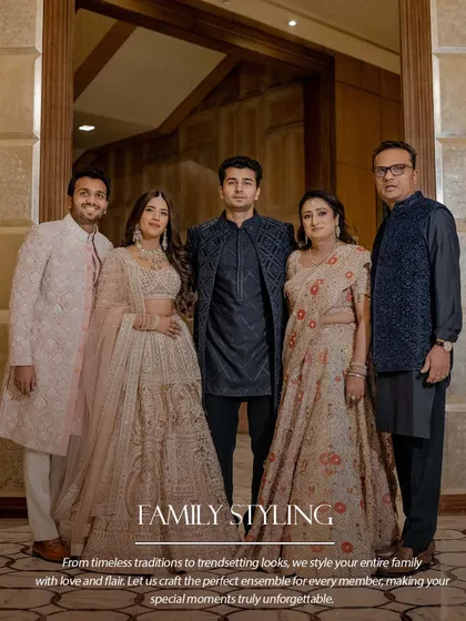 A full family portrait showcasing our cohesive styling for an evening event. We balanced a deep blue palette for the men with soft beige and blush tones for the women. This harmony in color creates an elegant aesthetic, reflecting both unity and individual flair.