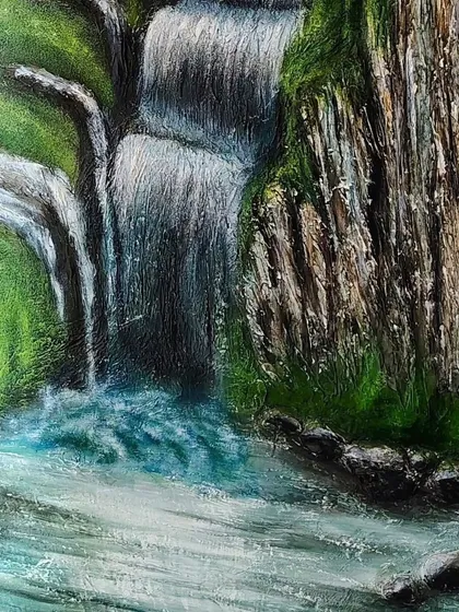 Here is a closer look at the waterfall texture. I spend a lot of time layering the putty to get the movement of the water just right. It’s this touchable detail that makes a 3D mural so special.