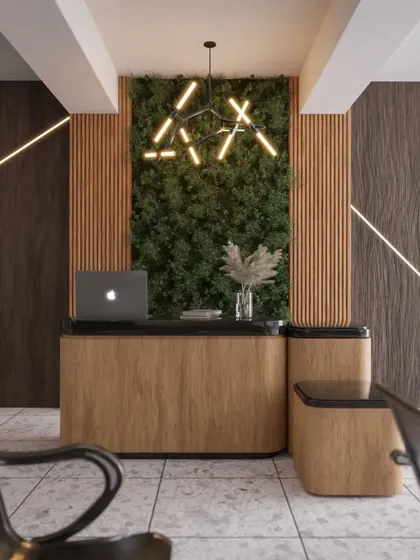 A design render for a modern reception desk. The combination of a curved wooden desk, a lush green wall, and contemporary lighting creates a welcoming and impressive first impression for any visitor.