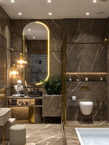 This luxurious bathroom combines modern design with a peaceful ambiance. I used floor-to-ceiling marble, warm gold accents, a custom vanity, and a sunken bathtub to turn a daily routine into a special, spa-like moment.