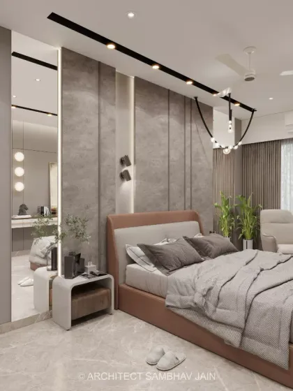 This luxurious bedroom is designed with vertical sections of textured stone-finish panels, adding depth and a natural, earthy tone to the space. These panels are interspersed with sleek vertical light strips that enhance the room's ambiance.