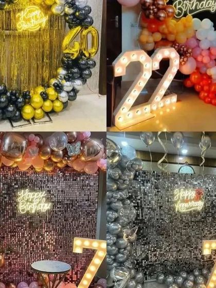 This collage displays our glamorous and stylish birthday setups, featuring sequin walls, marquee numbers, and chic balloon arrangements.